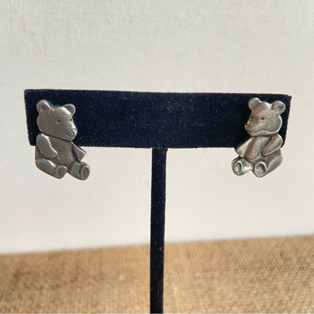 Danforth Pewter 1986 teddy bear pierced post earrings DP Maiden Vermont vintage